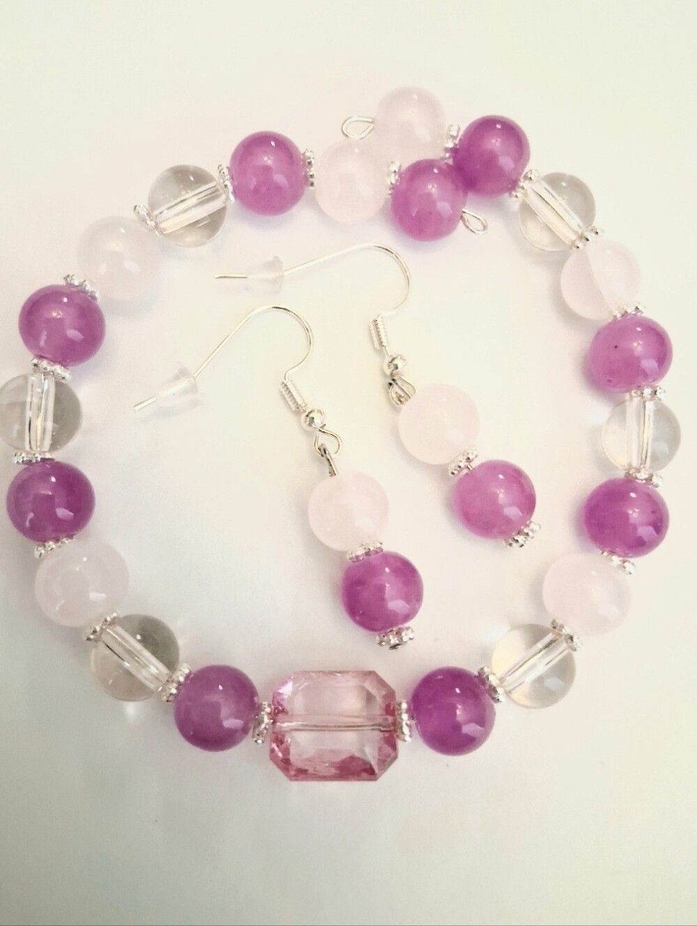 Bubble Gum Light Pink Beaded Bracelet & Earrings Set W/ Silver Tones  - Handmade